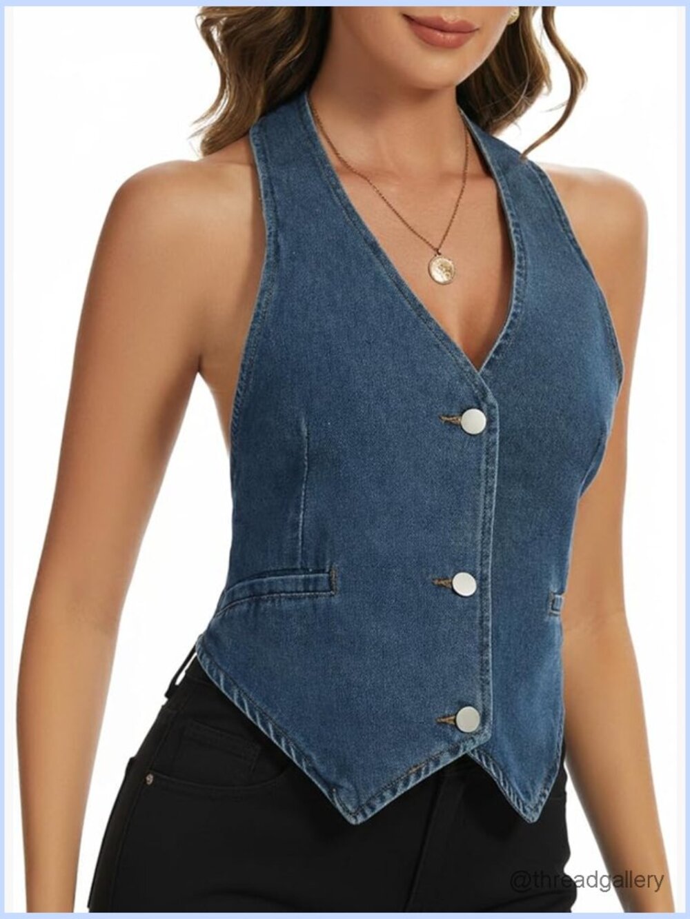 Sleeveless Denim Vest Top Backless Tie Back V Neck Crop Top for Women